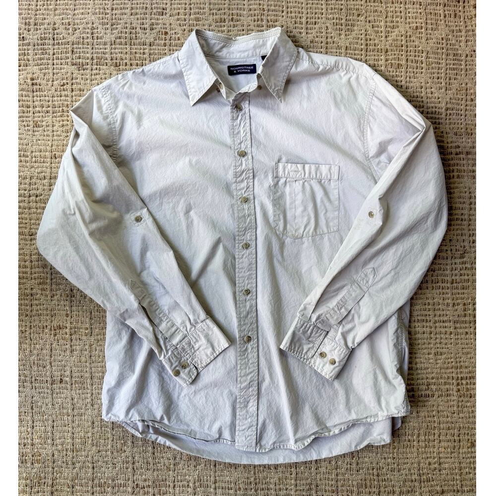 Roundtree & Yorke Button Up Shirt Mens Large Beige Minimalist Workwear Cotton